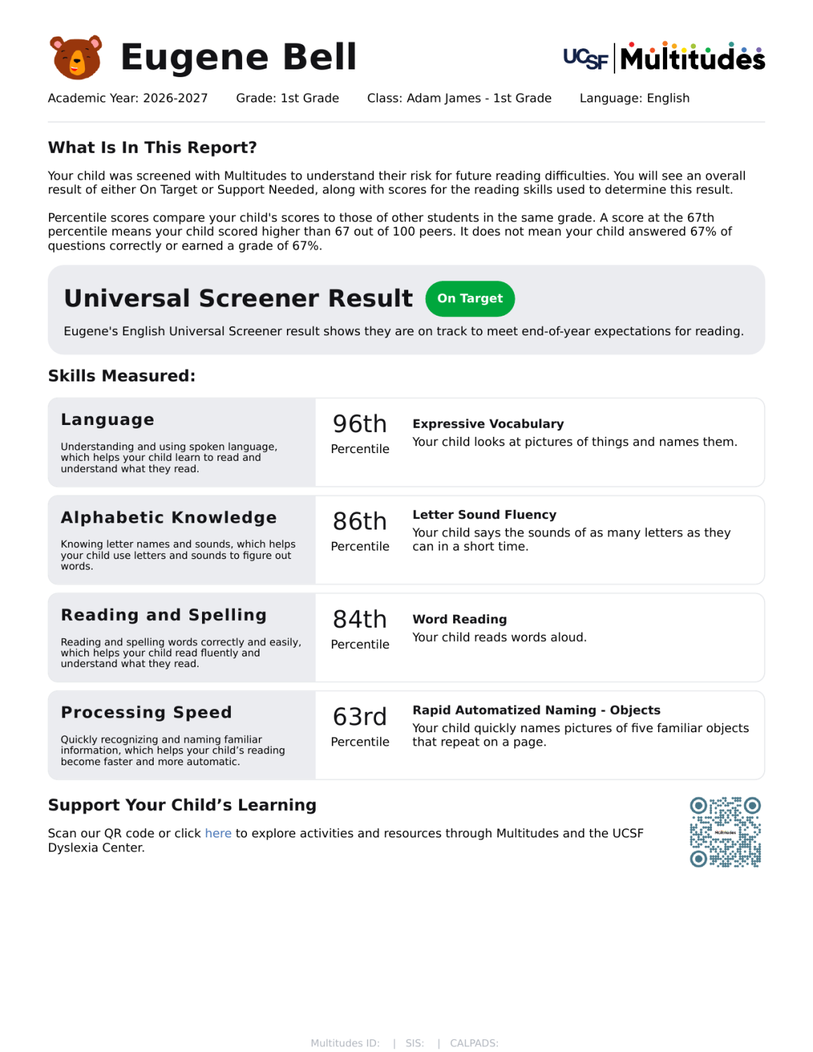 Example Multitudes child screening report showing an On Target result
